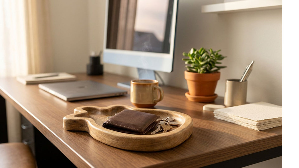 Guitar-shaped catchall, oak
