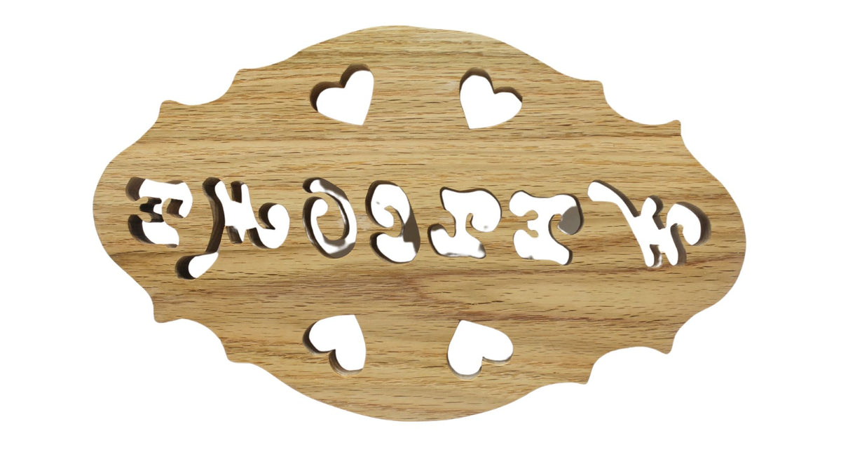 Welcome sign, oval shape, cut by hand from your choice of solid oak or walnut