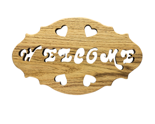 Welcome sign, oval shape, cut by hand from your choice of solid oak or walnut