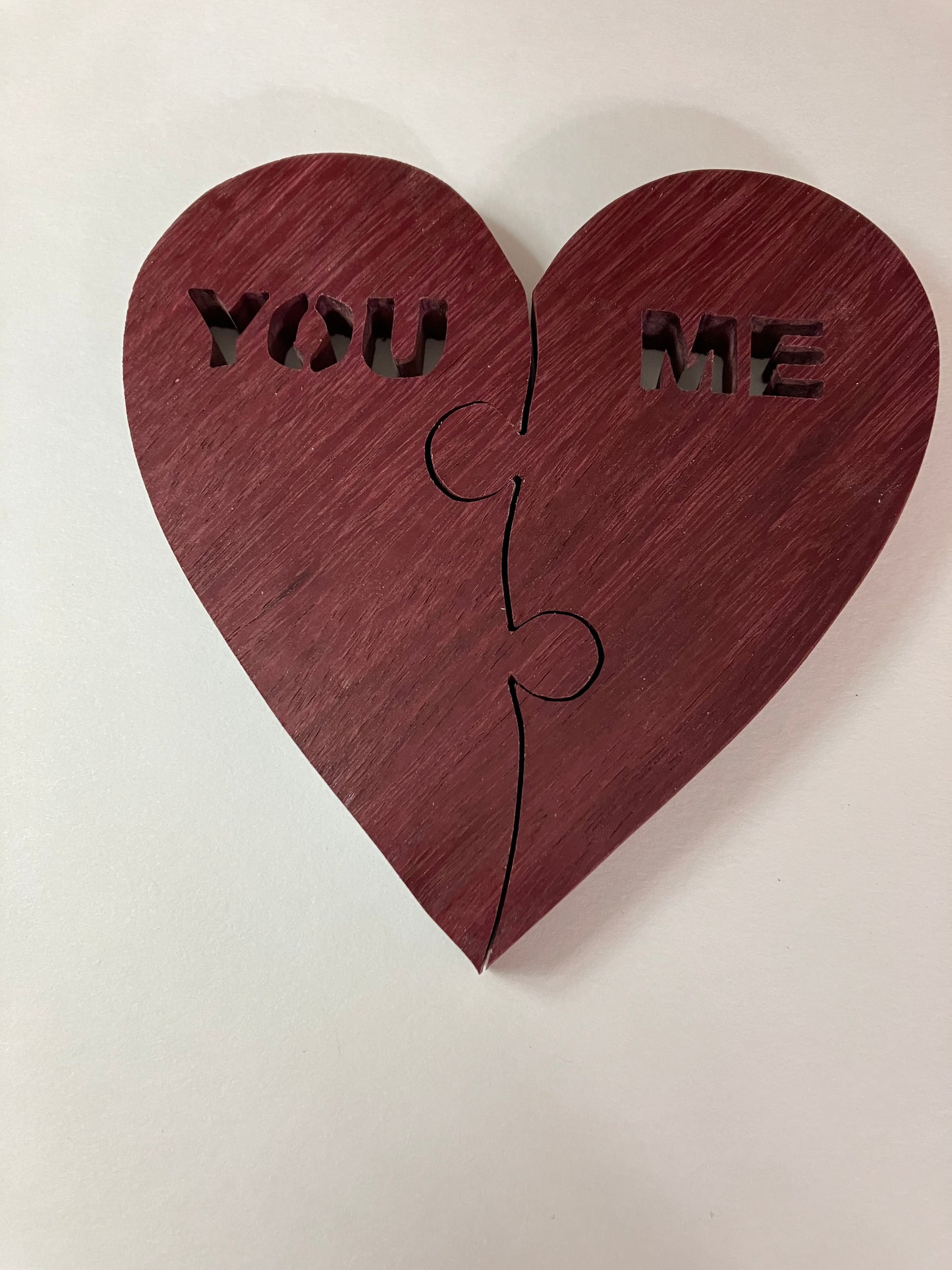 You/me heart puzzle made from purpleheart wood
