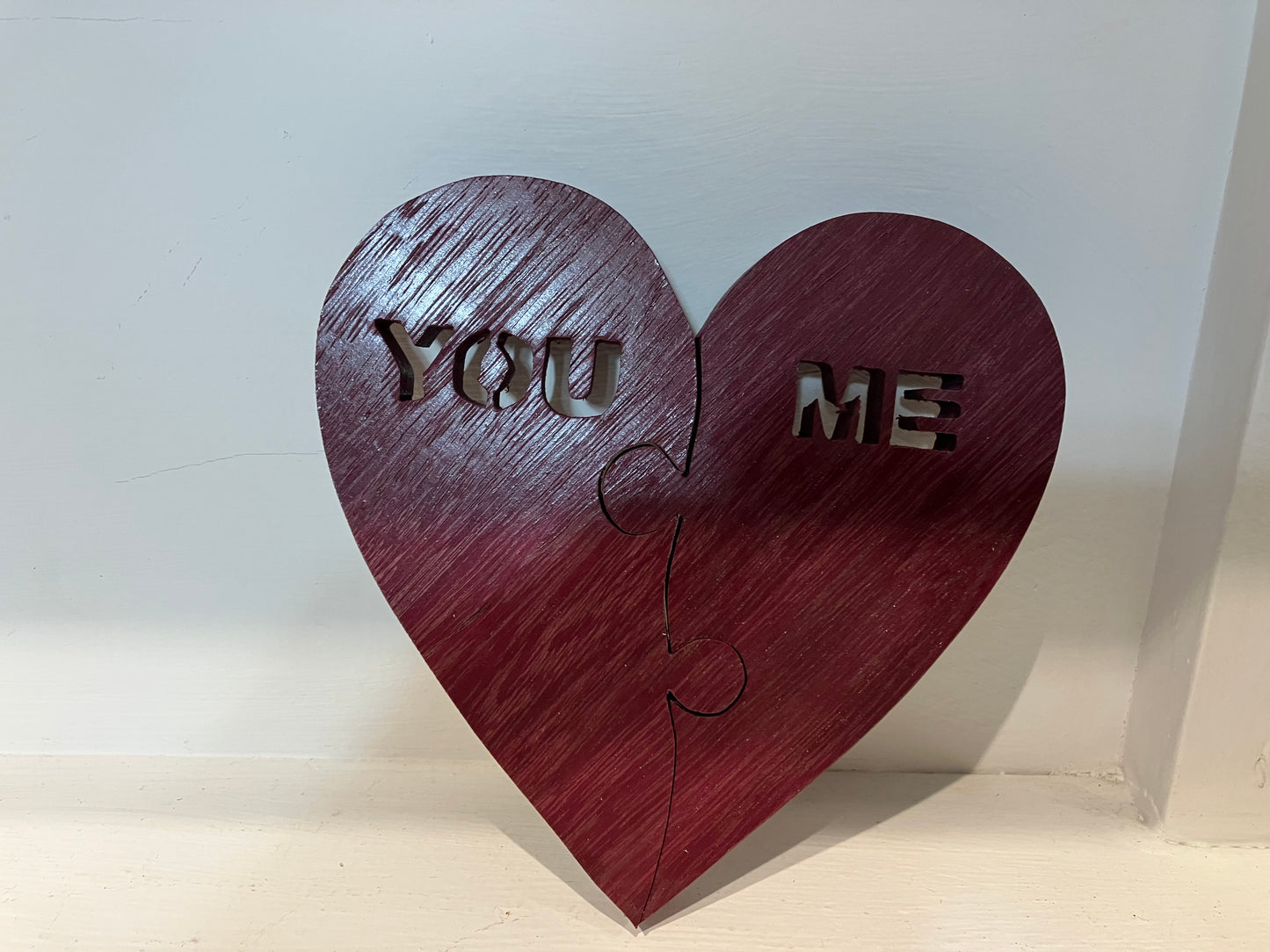 You/me heart puzzle made from purpleheart wood