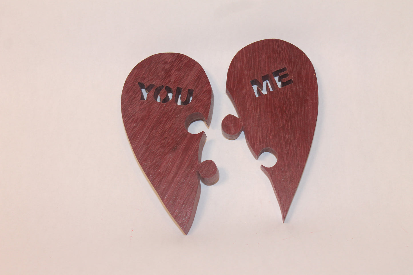 You/me heart puzzle made from purpleheart wood