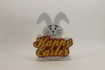 Happy Easter sign help by a white rabbit