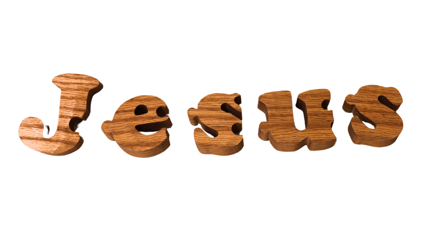 Jesus word puzzle handcrafted from solid red oak