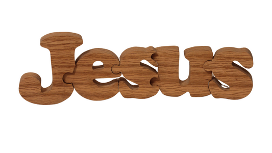 Jesus word puzzle handcrafted from solid red oak
