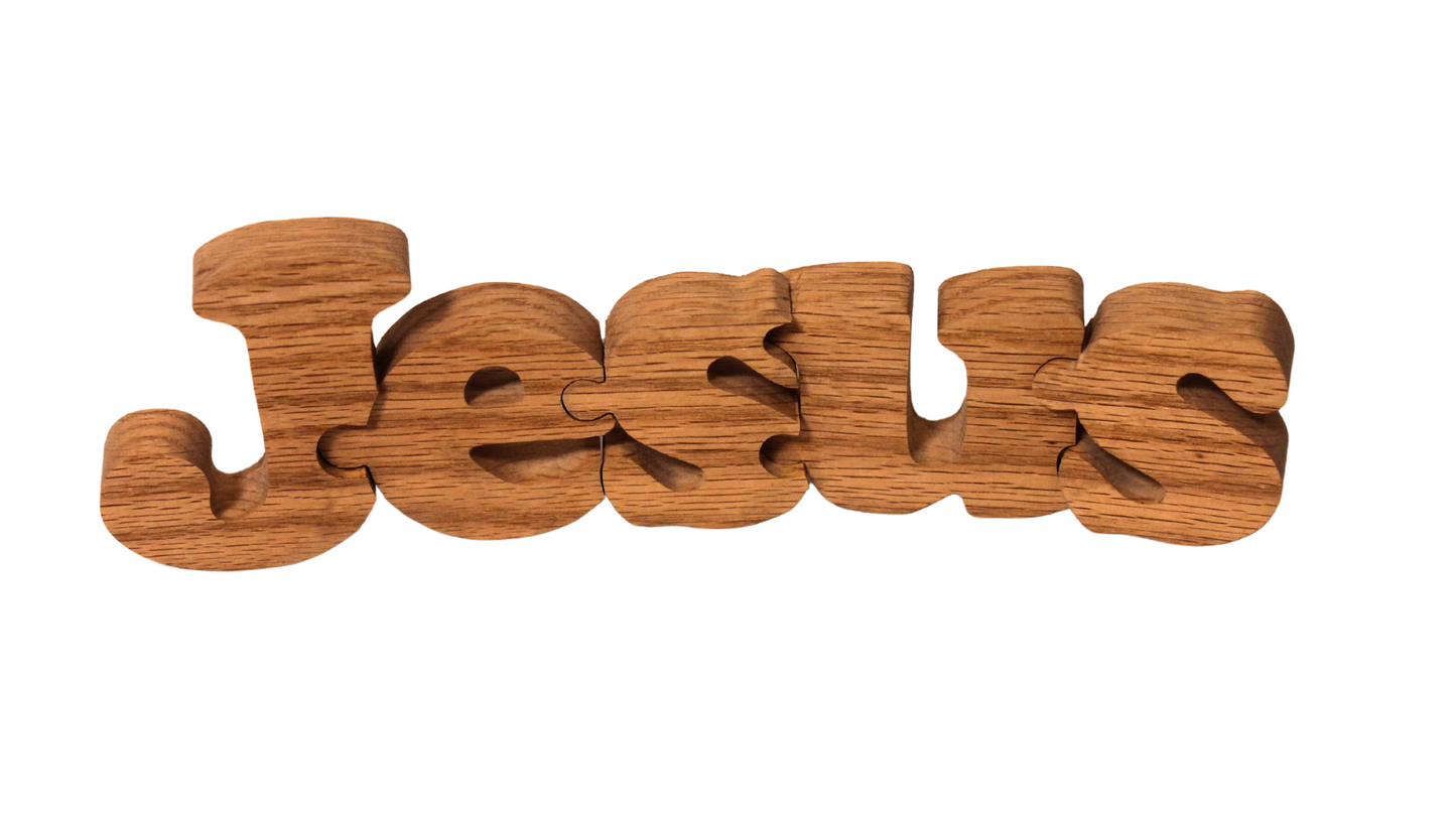 Jesus word puzzle handcrafted from solid red oak