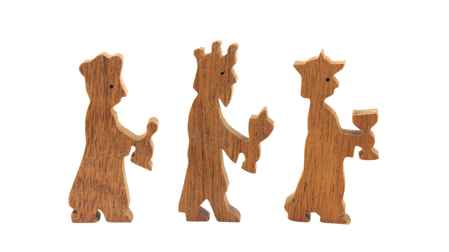 Nativity set - 15 handcrafted pieces, solid hardwoods. Includes Jesus in a manger, Mary and Joseph; shepherds, 3 kings, animals, stable