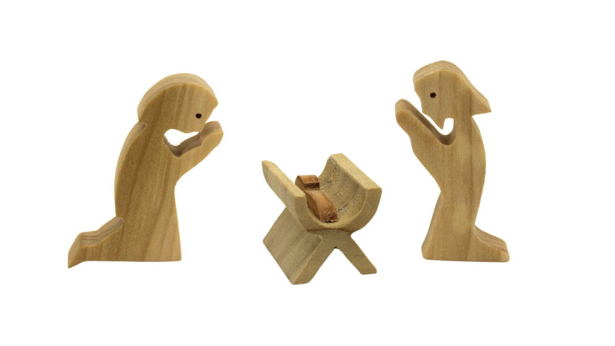 Nativity set - 15 handcrafted pieces, solid hardwoods. Includes Jesus in a manger, Mary and Joseph; shepherds, 3 kings, animals, stable