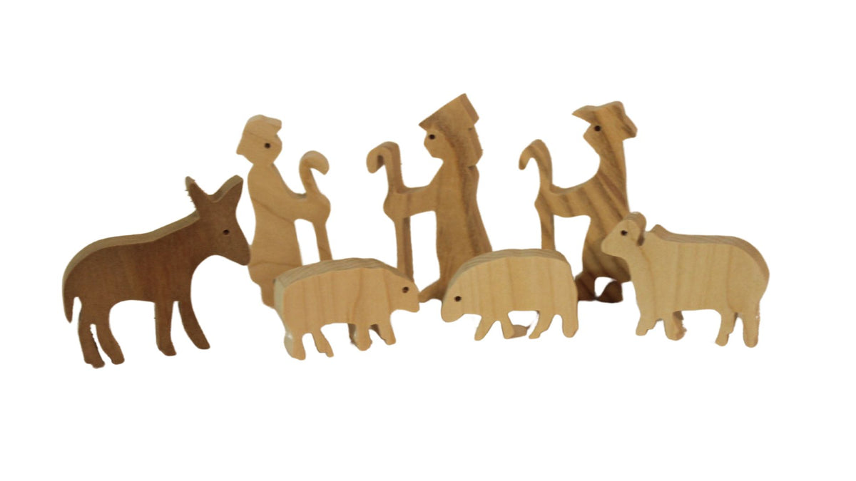 Nativity set - 15 handcrafted pieces, solid hardwoods. Includes Jesus in a manger, Mary and Joseph; shepherds, 3 kings, animals, stable