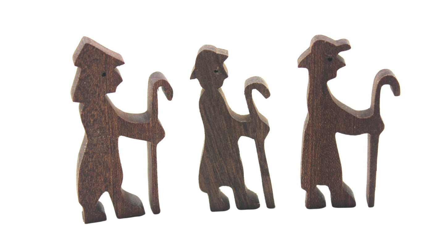 Nativity set - 15 handcrafted pieces, solid hardwoods. Includes Jesus in a manger, Mary and Joseph; shepherds, 3 kings, animals, stable