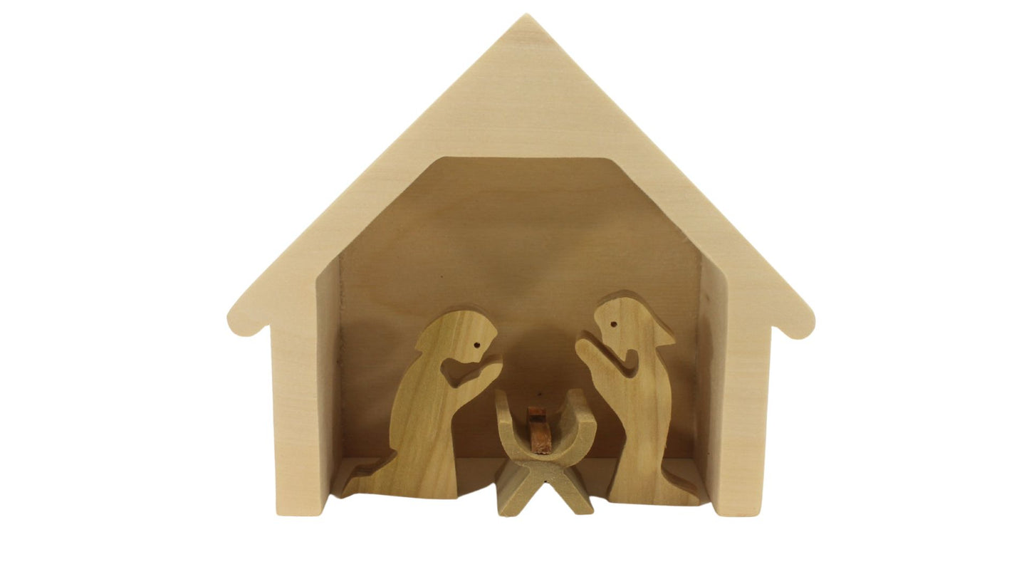 Nativity set - 15 handcrafted pieces, solid hardwoods. Includes Jesus in a manger, Mary and Joseph; shepherds, 3 kings, animals, stable