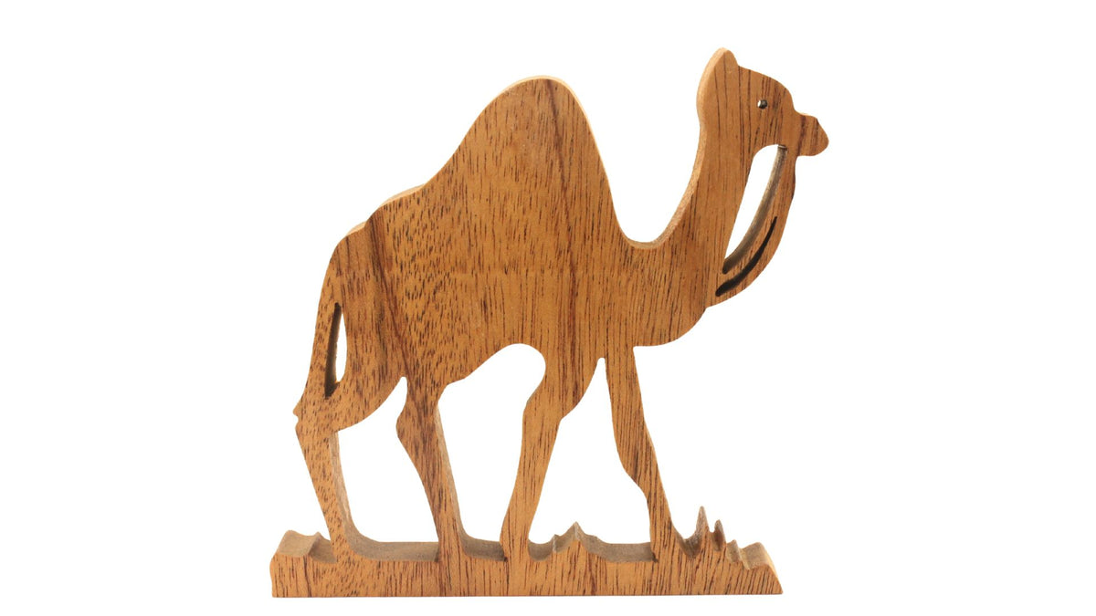 Nativity set, freestanding figures and animals. Mary, Joseph, baby Jesus, shepherd, kings, donkey, cow, camel. Hand cut from hardwoods