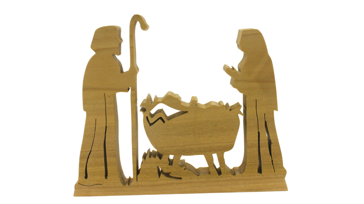 Nativity set, freestanding figures and animals. Mary, Joseph, baby Jesus, shepherd, kings, donkey, cow, camel. Hand cut from hardwoods