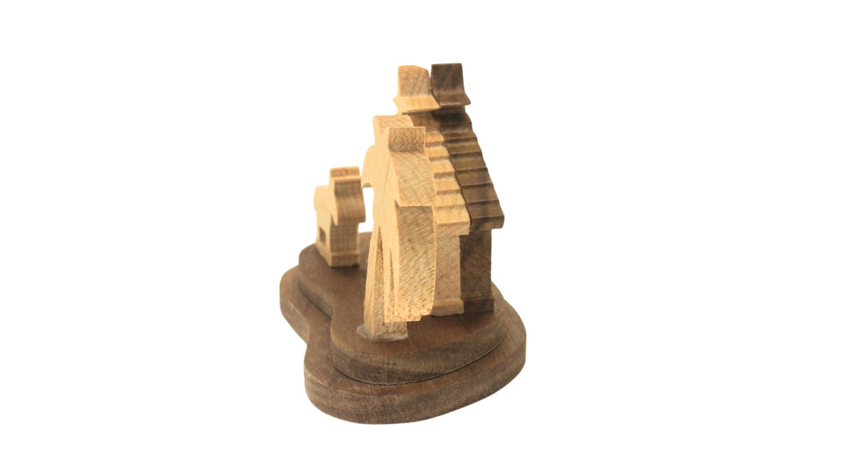 Nativity set, tiny size. Includes Mary, Joseph and the baby Jesus in a manger, donkey. Small enough to display on a desk, shelf