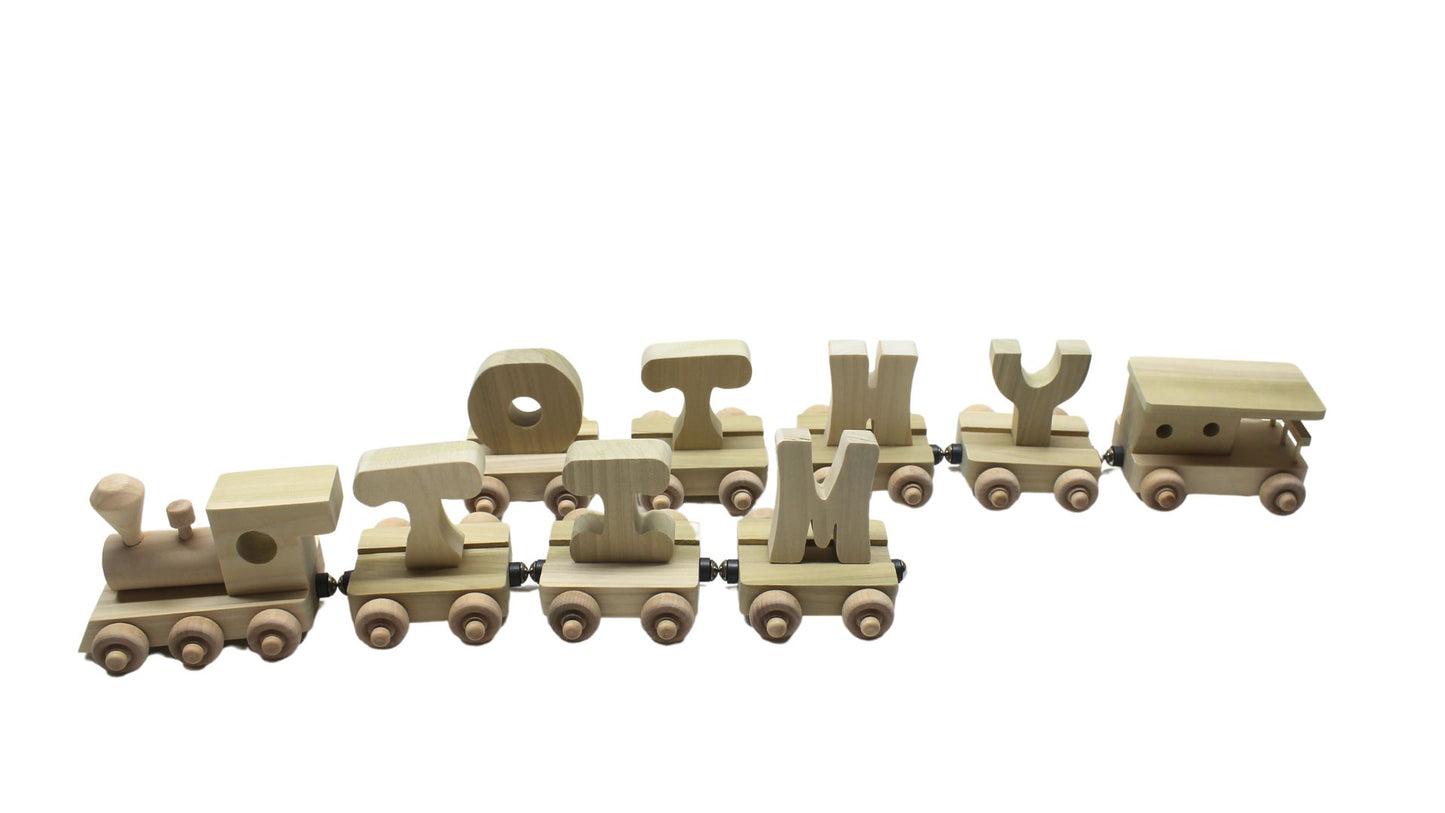 Personalized Wood Toy Train with Engine and Seven Cars, and Caboose to Spell a Child's Name