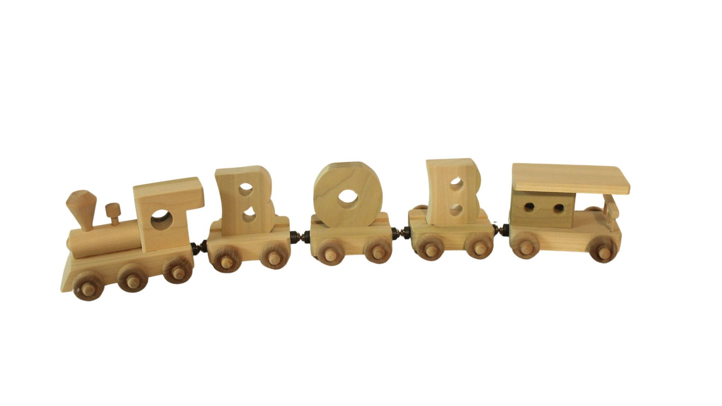 Personalized Wood Toy Train with Engine, Four Cars, and Caboose to Spell a Child's Name