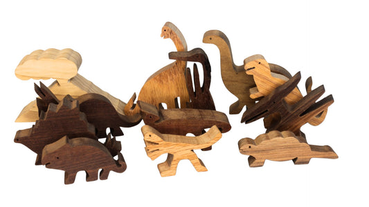 Handmade Hardwood Dinosaurs Set Complete with Volcano