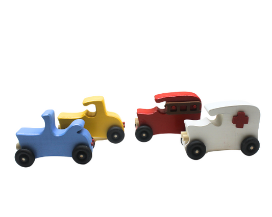 Wooden toy vehicles: fire truck, ambulance, 2 cars. Made from poplar and painted