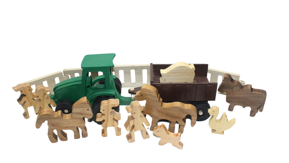 Wooden Toy Farm Set: Tractor, Wagon, Animals, and Fence