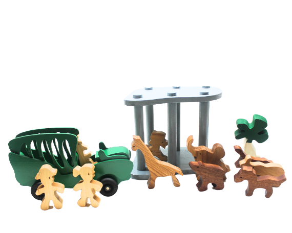 Serengeti safari play set. It contains a vehicle, people, animals, cage, and even a tree. Solid wood construction