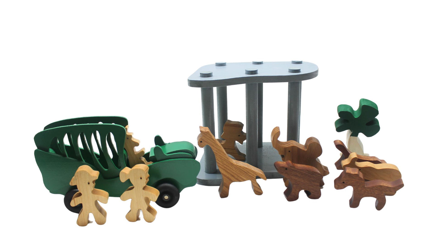 Handcrafted Wooden Toy Safari Set, Includes Vehicle, Figures, and Animals