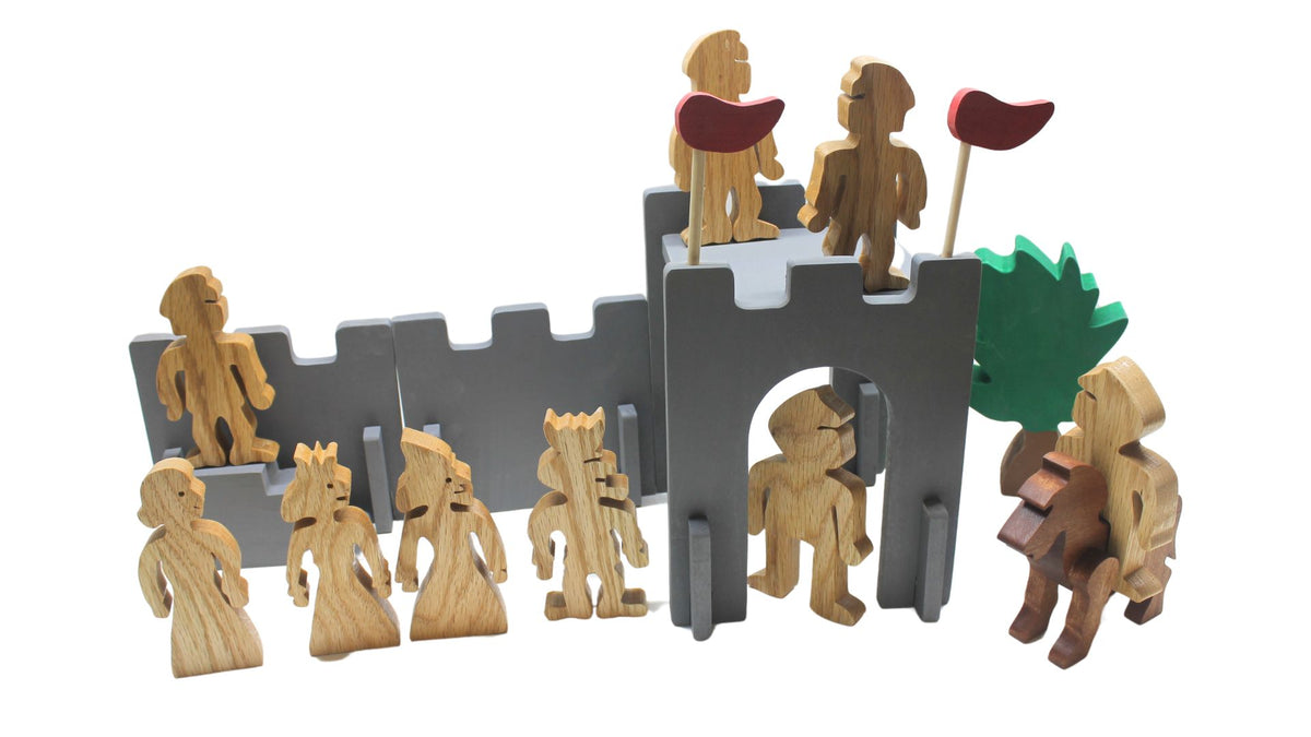 Wood Toy Castle with Take-Apart Walls, Dragons, Knights, Horses, and a Royal Family