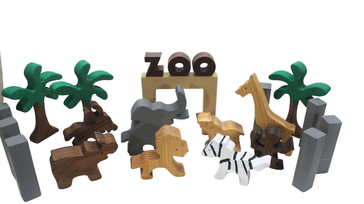 Wooden Toy Zoo Playset: Handcrafted Animals and Cages