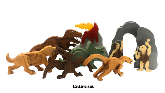 Dinosaurs, caveman and cavewoman, cave, and volcano wooden toy set