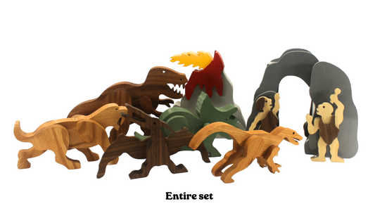 Dinosaurs, caveman and cave woman, cave, and volcano wooden toy set