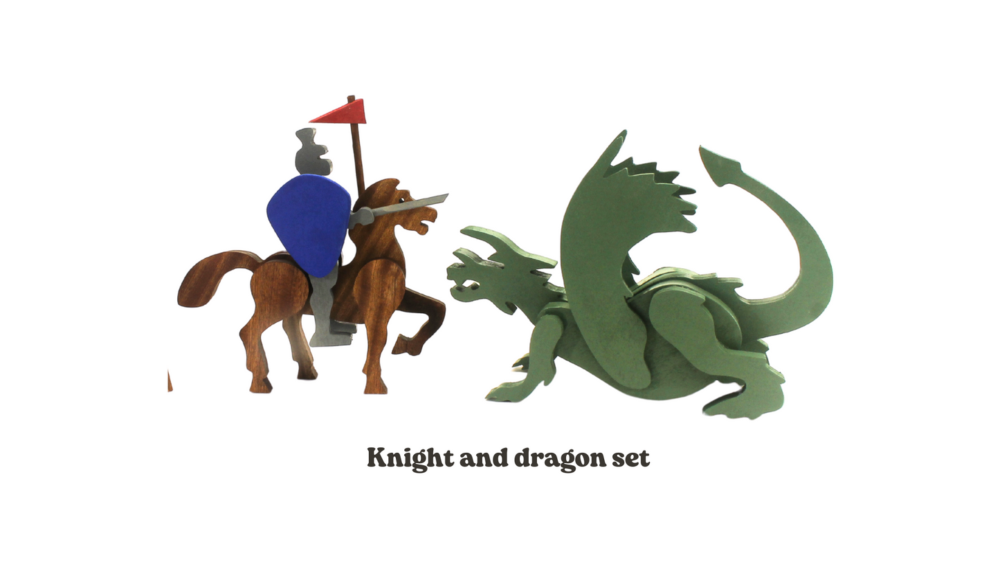 Dragon, knight on horseback, foot soldier and fair maiden wooden toy set