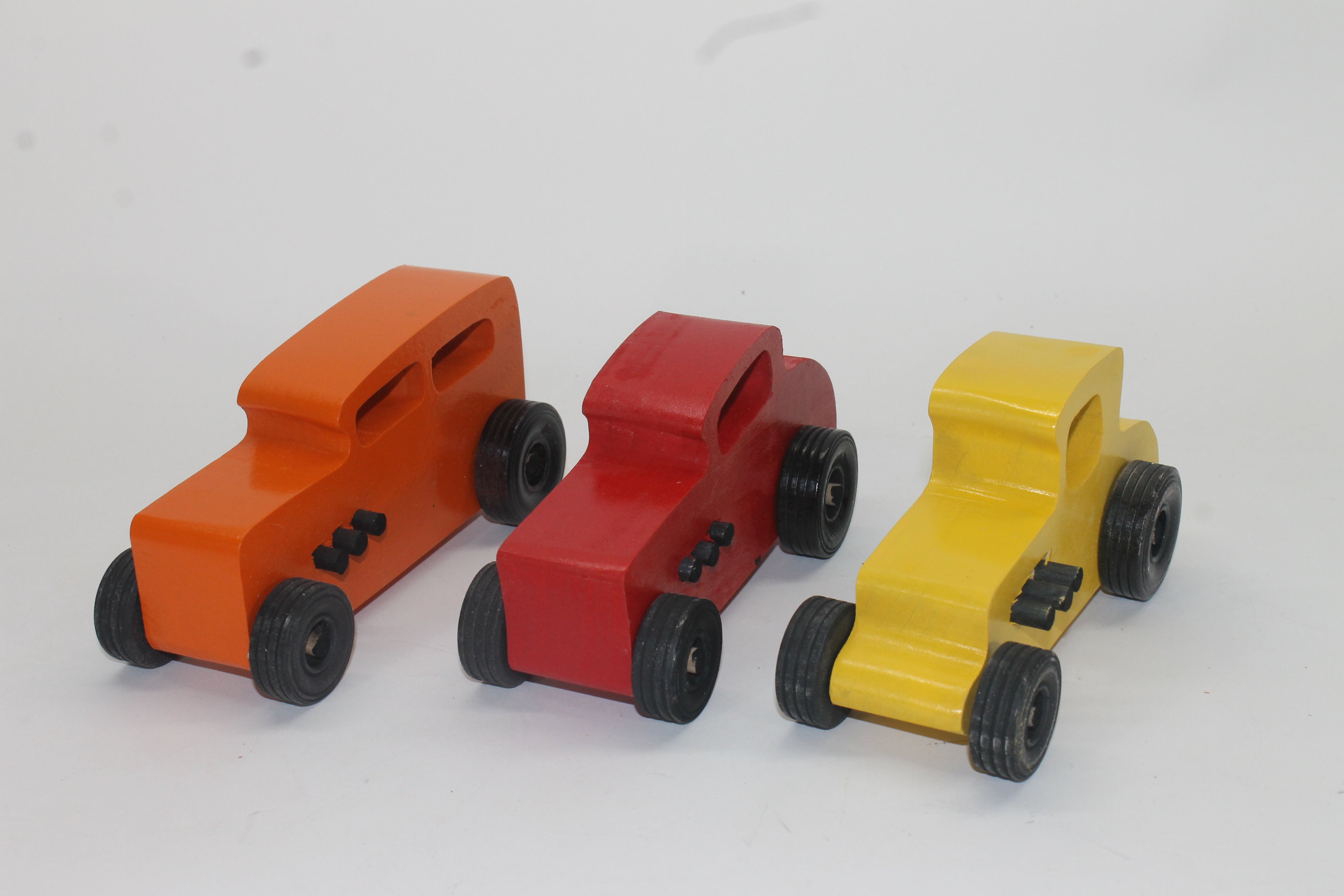 Wooden toy Ford hot rod set 3 cars painted yellow red and