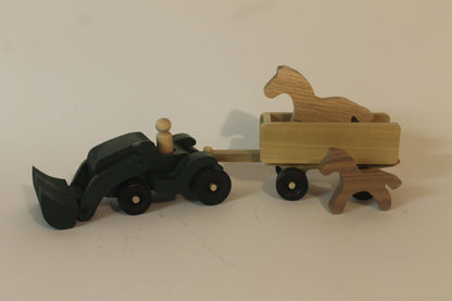 Tractor with front bucket, pulls included wagon and horses, wooden toy