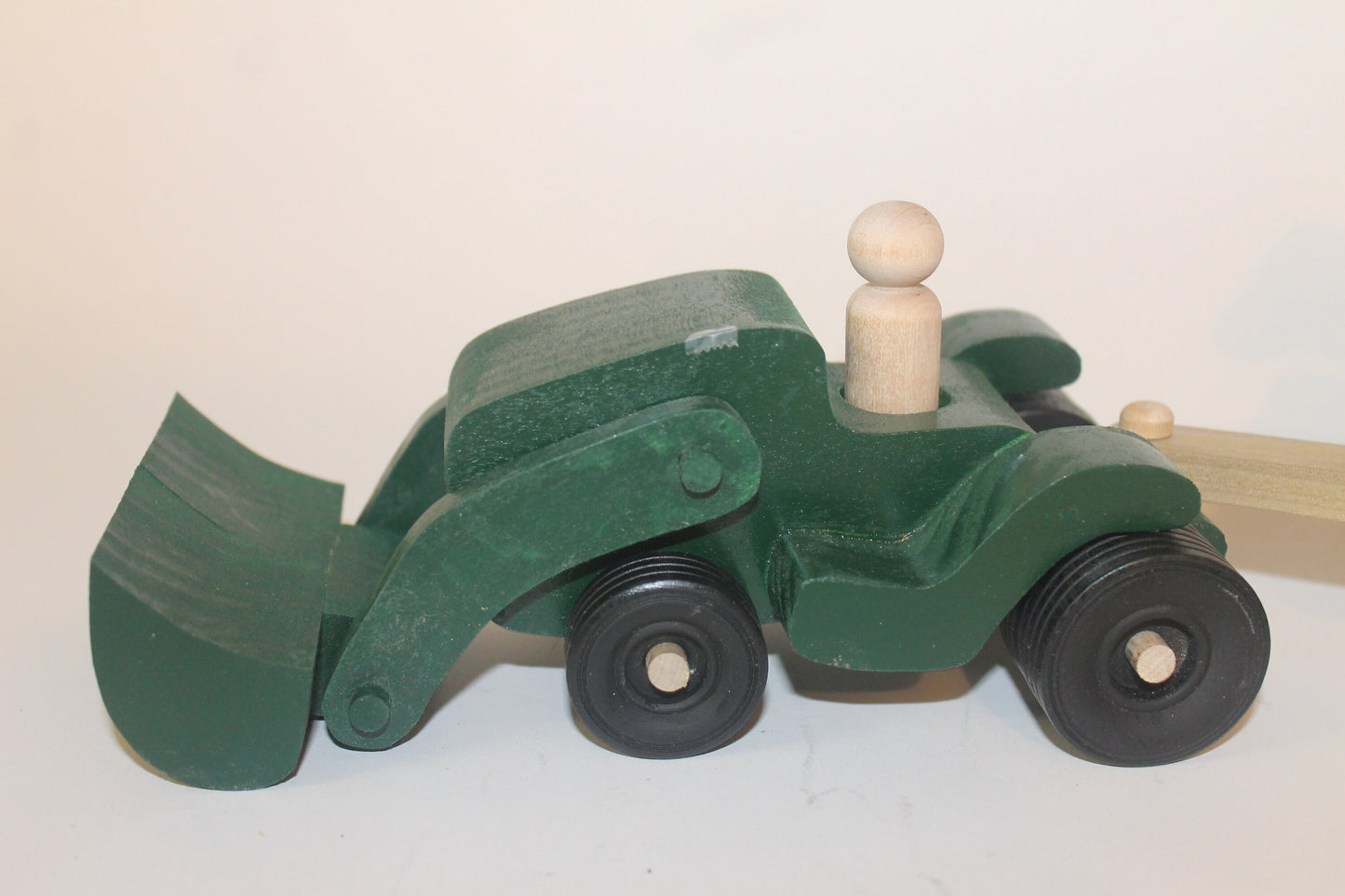 Tractor with front bucket, pulls included wagon and horses, wooden toy