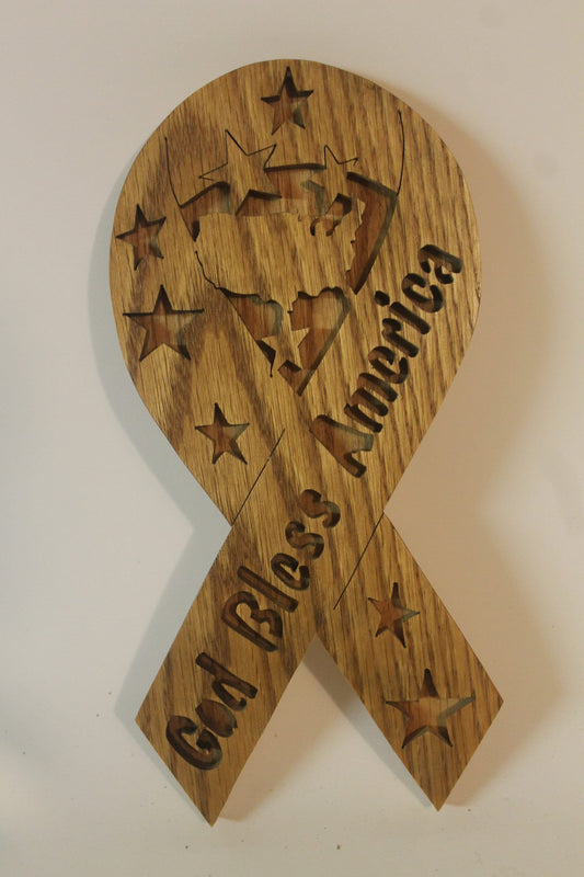 God Bless America, ribbon shaped sign, oak, cut be hand on a scroll saw