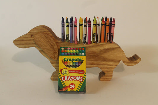 Crayon holder, dachshund shape, choice of poplar, dark or light oak, holds 24 included crayons, makes great birthday or Christmas gift item