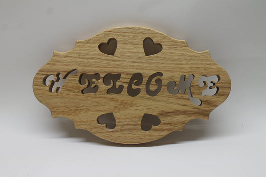 Welcome sign, oval shape, cut by hand from your choice of solid oak or walnut