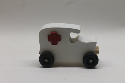 Wooden toy vehicles: fire truck, ambulance, 2 cars. Made from poplar and painted
