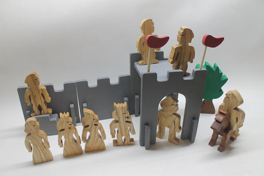 Toy wood castle set. Has a king, queen, princess, wizard, knights and horses, soldiers, and dragons. Walls can be taken apart for storage